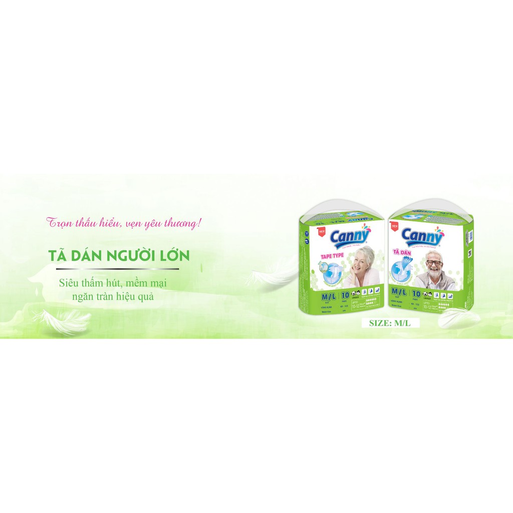 [Deal hot] TÃ DÁN NGƯỜI LỚN CANNY SIZE M/L 10 MIẾNG/GÓI siêu mềm, siêu thấm hút vòng bụng 68-122cm