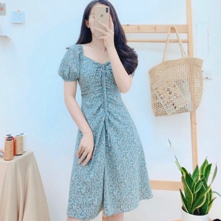 VÁY HOA NHÍ XANH RÚT DÂY NGỰC