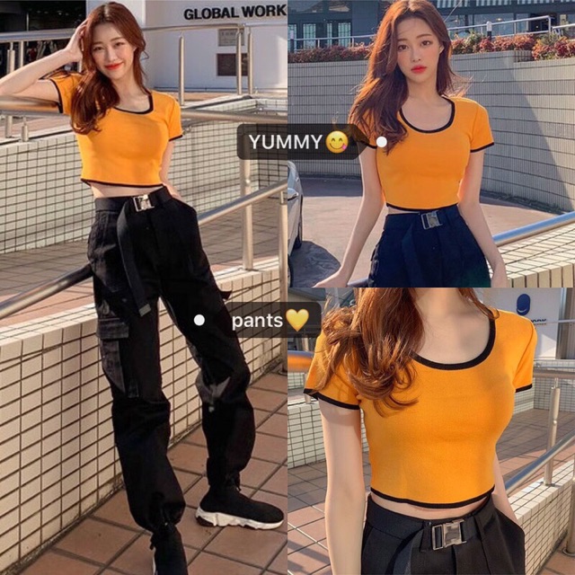 Áo thun phối viền ,áo thun tay ngắn fom croptop