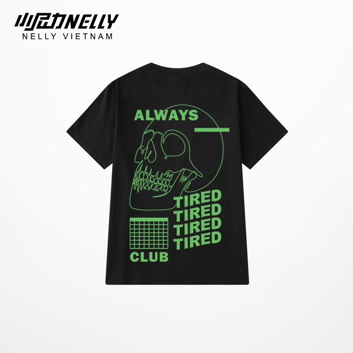 Áo thun tay lỡ NELLY cotton dáng unisex in hình skull always tired club N0173