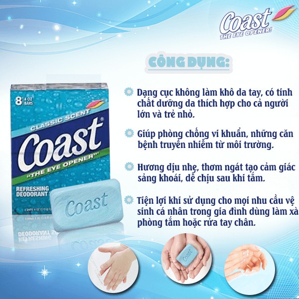 Xà phòng COAST Classic Scent Refreshing Deadorant Soap 113g hương gió biển| Xà phòng cục Coast