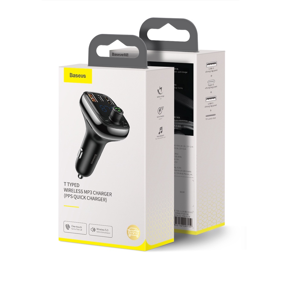 Tẩu sạc nhanh cho xe hơi ôtô Baseus T-Typed Wireless MP3 Car Charger, kiêm máy phát MP3, hỗ trợ nghe gọi rảnh tay