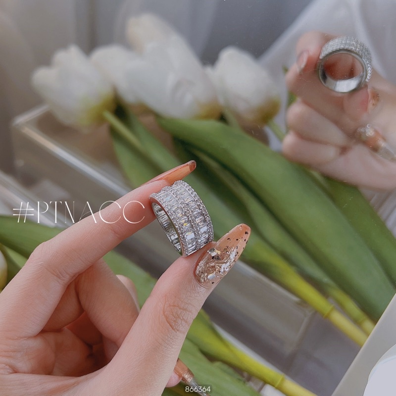 Nhẫn xi bạch kim đính đá paguet bản dày 2 hàng đá .PTNACC.