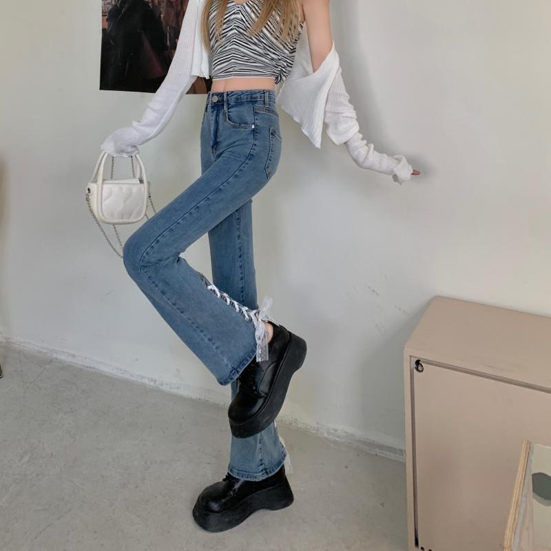 Quần jeans Nữ Lưng Cao Ống Loe Đan Dây Quyến Rũ