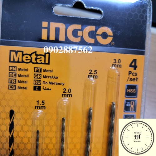 1.5-3mm Bộ 4 mũi khoan kim loại HSS INGCO AKD1402