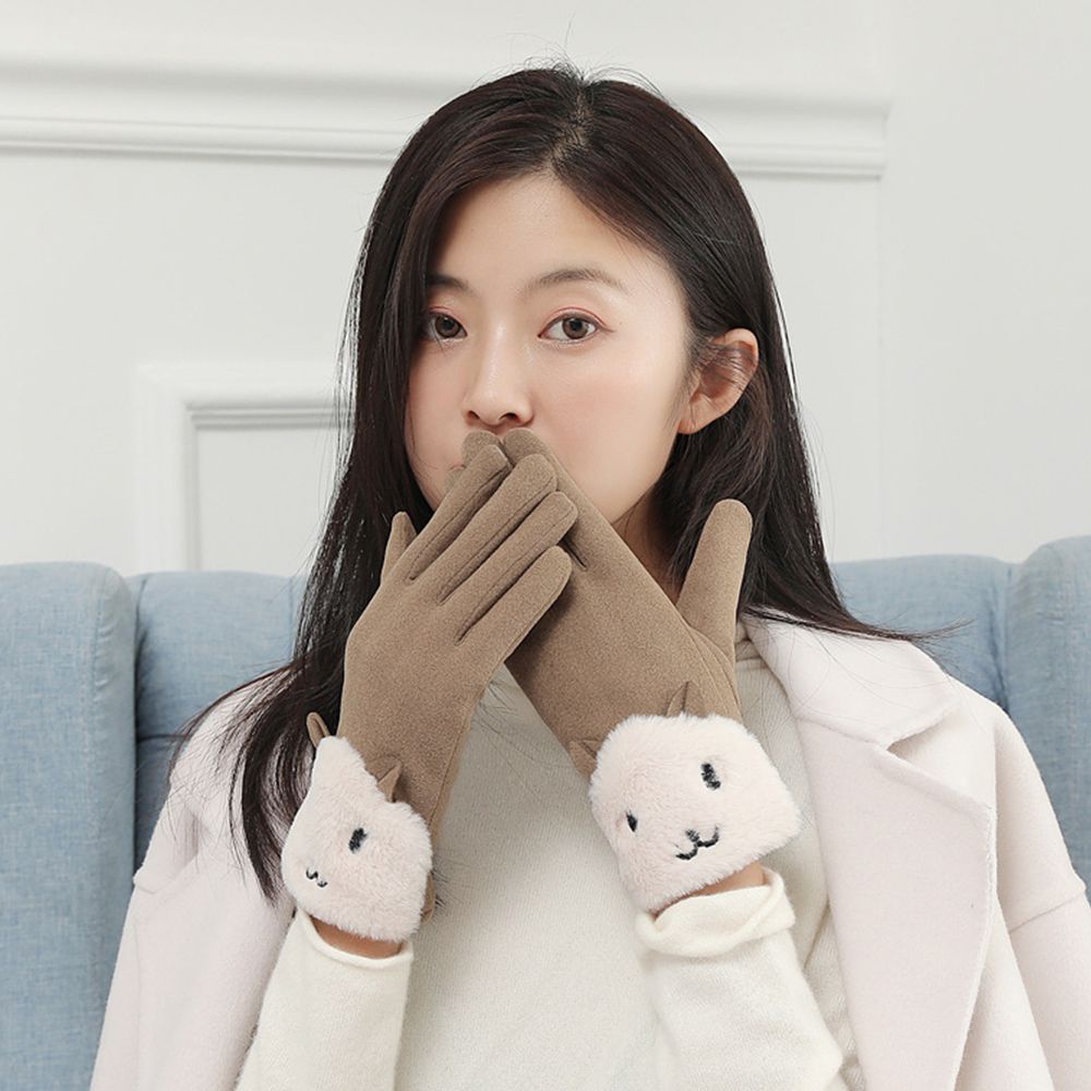 Găng tay da lộn phối lông cừu màu trơn hoạt tiết hình mèo dễ thương phong cách Hàn Quốc cho nữ