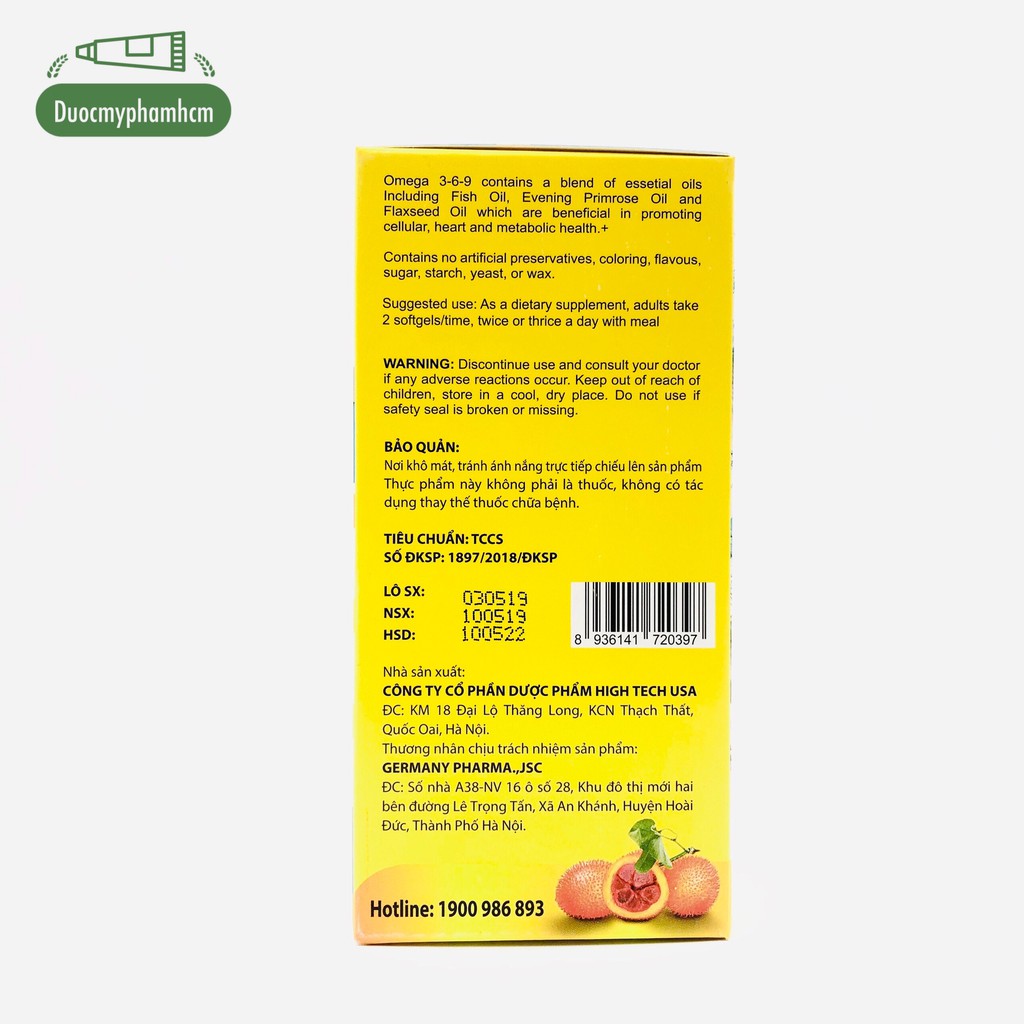 Viên dầu cá Omega 3 6 9 Vàng, Bổ não, sáng mắt, khỏe mạnh tim mạch, tăng cường trí nhớ - Hộp 100 viên
