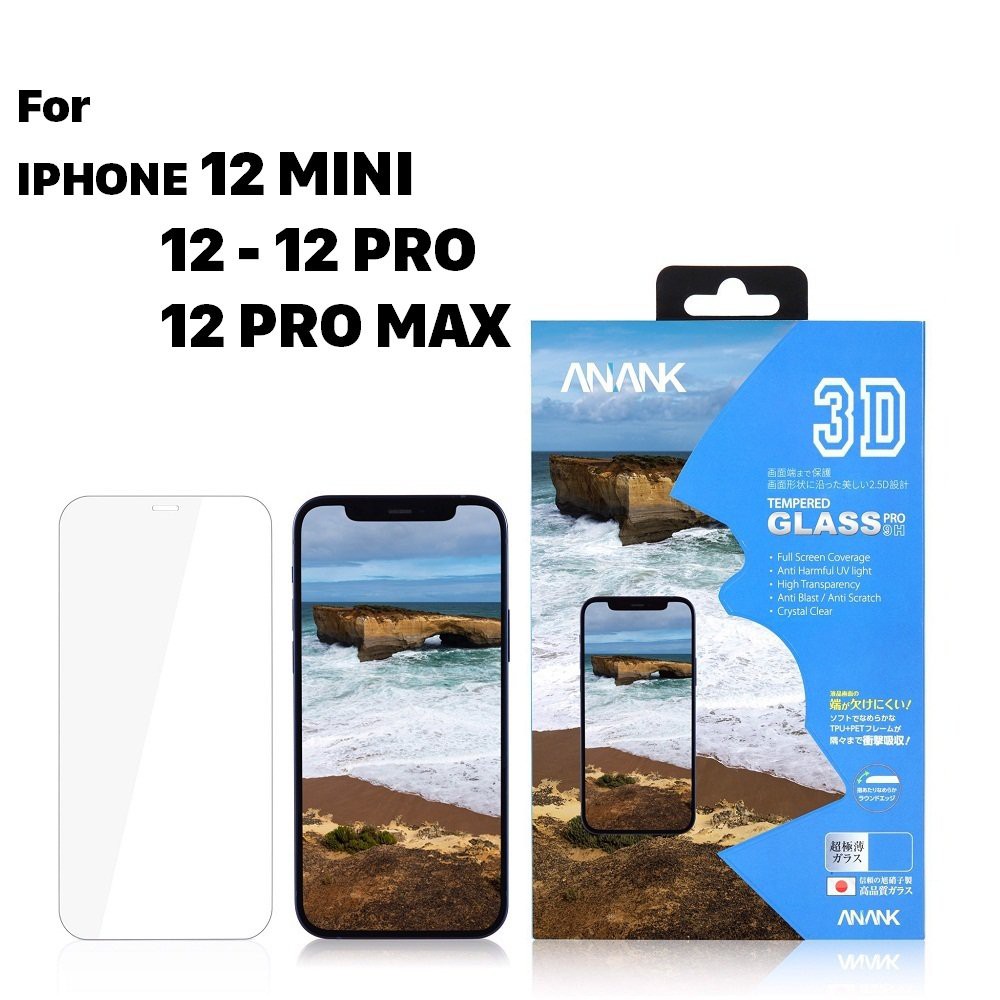 KÍNH CƯỜNG LỰC IPHONE 12 MINI - 12 - 12 PRO - 12 PRO MAX ANANK CLEAR VIỀN 3D CHÍNH HÃNG