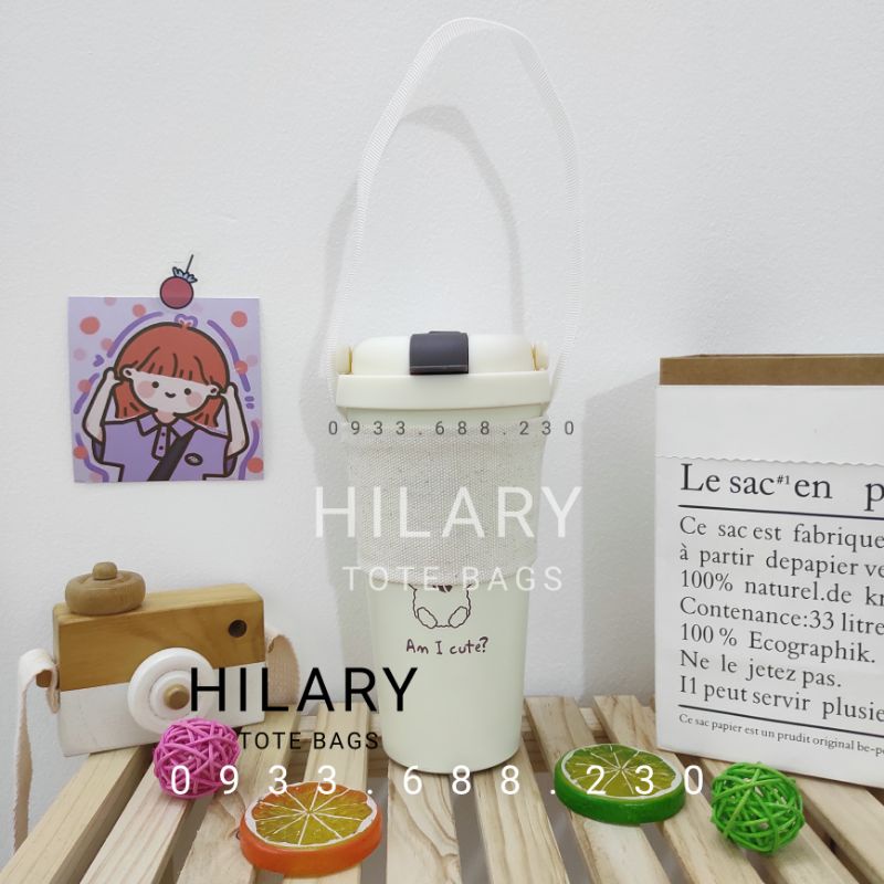 Túi Quai Xách Đựng Ly In Hình Hoạ Tiết Dây Đai Mỏng