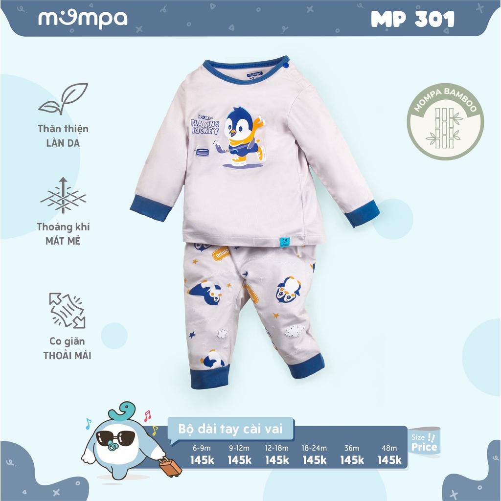 Bộ quần áo thu đông trẻ em Mompa từ 6-4 tuổi dáng dài tay cài vai Mompa MP 301 chất liệu bamboo thoáng mát