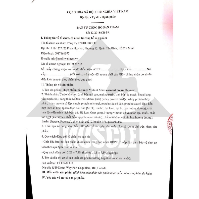 Sữa tăng cân Mutant Mass 5Lbs Mass Gainer cao năng lượng từ Canada