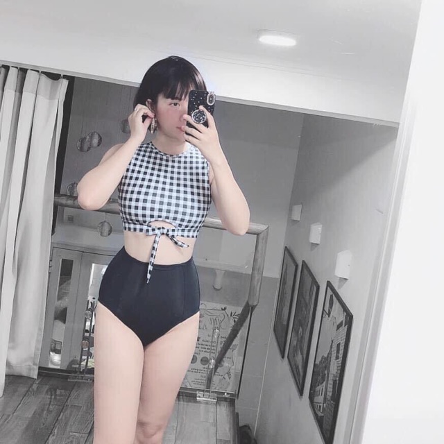 Set bikini caro nơ phối quần đùi kín đáo