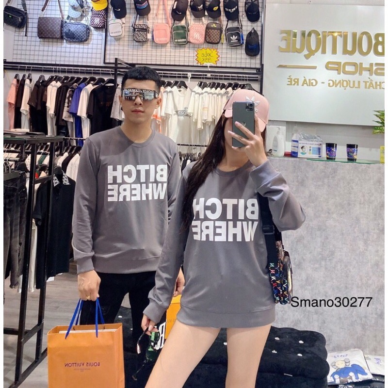 Áo dài tay cổ tròn bitch where, áo sweater chất thun hoặc nỉ bông