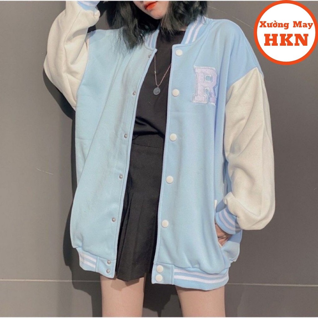 Áo Bomber Unisex Nam Nữ Cúc Bấm Thêu Chữ Nổi R, Áo Bóng Chày Chất Liệu Nỉ Cao Cấp Mã 604 Xưởng May HKN