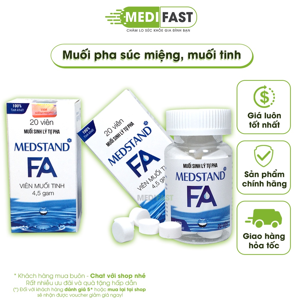 Viên muối sinh lý tự pha Medstand FA - Viên muối tinh khiết - Hộp 20 viên - dùng súc miệng, rửa vết thương