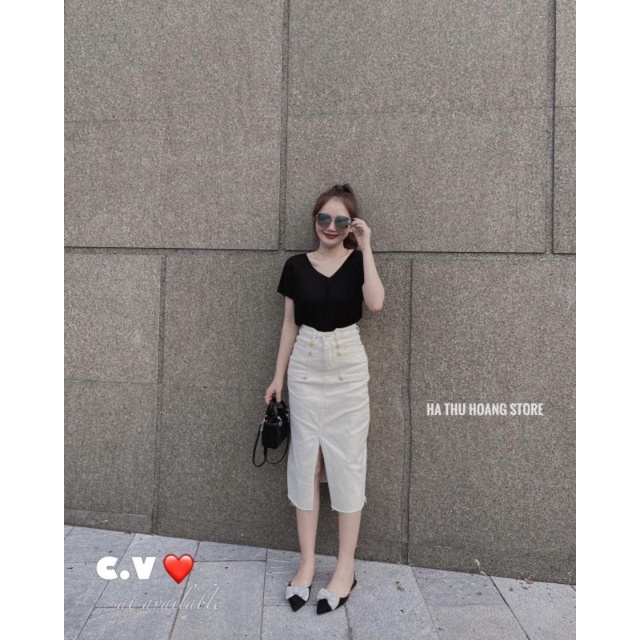 Chân váy jeans dài túi trước đính khuy hàng QCL1