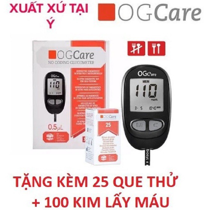 Máy thử tiểu đường OG Care (SX Ý) tặng kèm 25 que + 100 kim