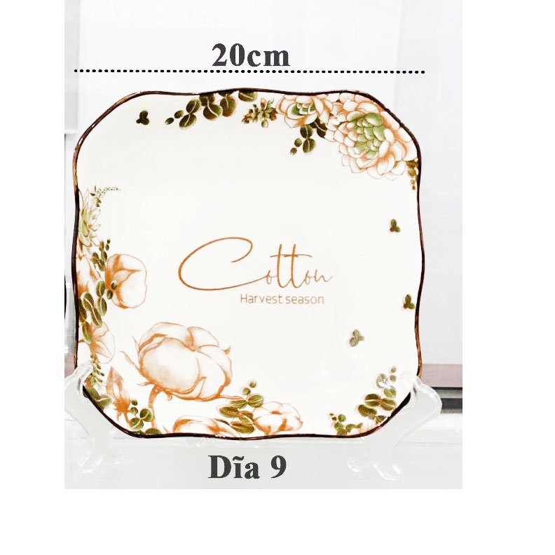 Combo 2 dĩa sứ vuông hoa cổ gồm 1 dĩa 18cm và 1 dĩa 20cm, 2 dĩa sứ cao cấp