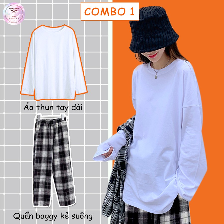 Combo Áo thun trơn và quần kẻ caro ống rộng form unisex