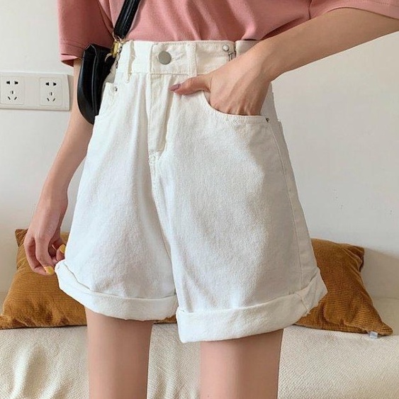 Quần short jean nữ KABICO quần short nữ ngắn kaki cạp cao ống rộng xắn gấu phong cách C41