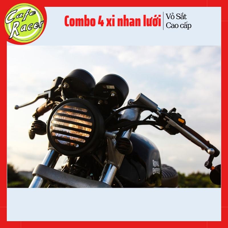 Combo 4 đèn xi nhan xe máy độ vỏ sắt xi đen có lưới bảo vệ cho xe classic CAFE RACER