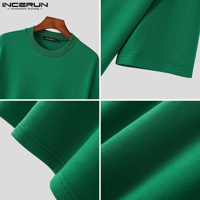 Áo thun INCERUN tay ngắn cổ tròn màu trơn đơn giản thời trang cho nam