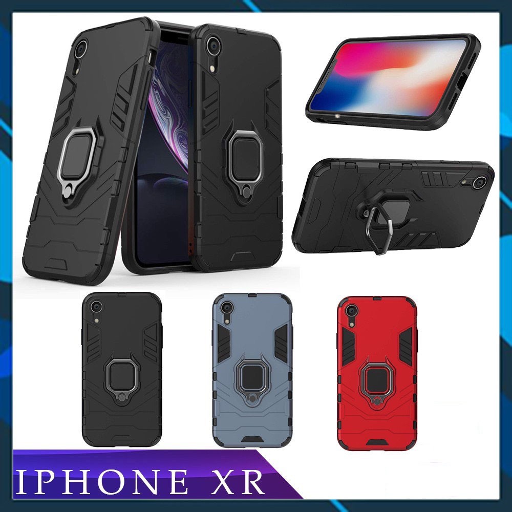 Ốp lưng iPhone XR chống sốc Iron Man gắn giá đỡ iring bảo vệ camera hỗ trợ xem video, chống va đập
