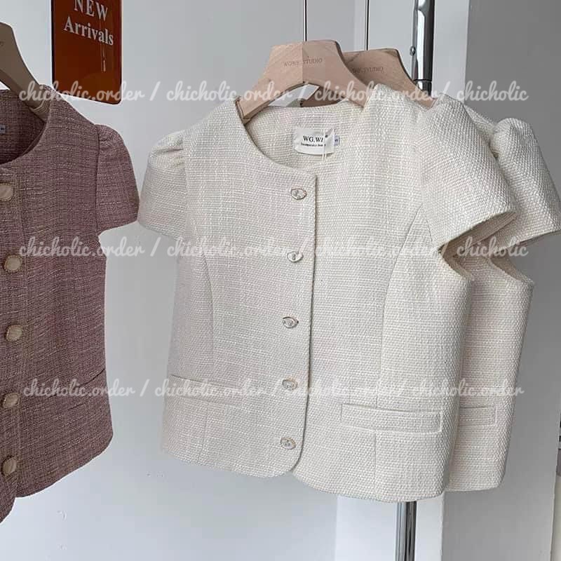Áo Chất Tweed Màu Hồng/Trắng Cho Nữ 2022 có ảnh thật