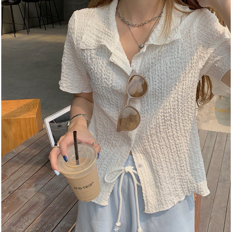 SUXI Áo sơ mi nhún nếp tay ngắn phong cách Hàn Quốc vintage thời trang cho nữ