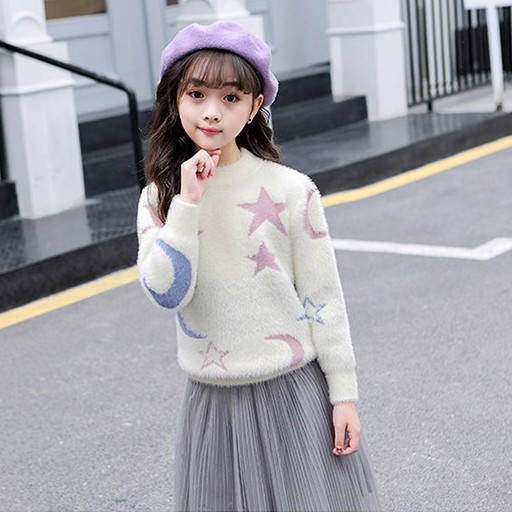 Áo len bé gái lớn size 16-45kg chất lông siêu mềm mịn họa tiết trăng sao siêu xinh [AL14]