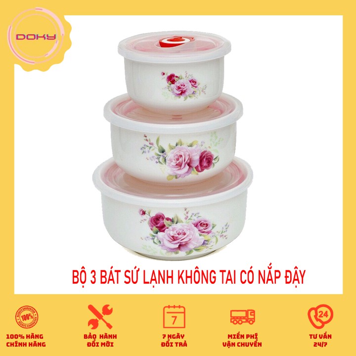 Bộ 3 bát sứ cao cấp, bộ 3 bát sứ có nắp đậy, bộ bát sứ có nắp đậy hút chân không cao cấp, dùng được lò vi sóng-B3BN