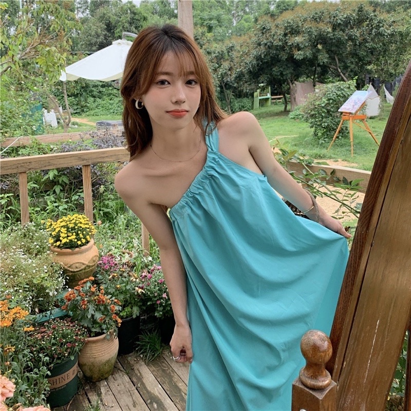 váy maxi lệch vai xanh du lịch biển siêu đẹp-Hàng quảng châu loại 1-đầm maxi đi biển-váy đi du lịch hot nhất | BigBuy360 - bigbuy360.vn