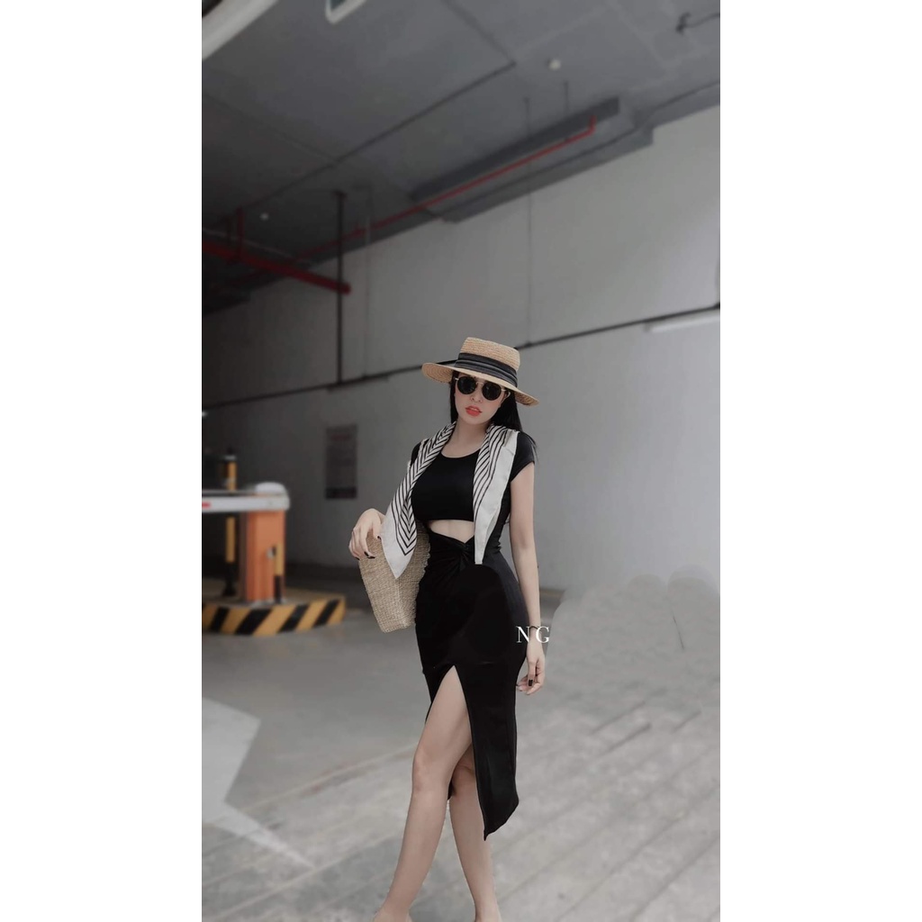 Đầm ôm body cổ tròn tay ngắn khoét nhún eo xẻ tà bên quyến rũ, váy ôm body xẻ tà bên chất thun gân ôm dáng MIDORI247