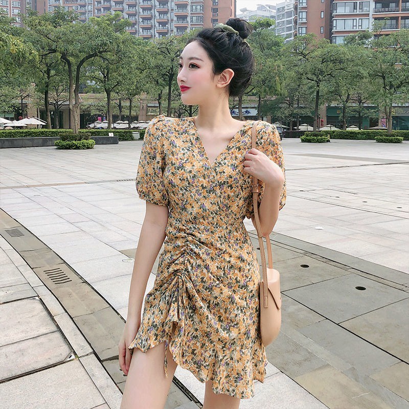 Đầm Cổ Chữ V Họa Tiết Hoa Ngọt Ngào Thời Trang Mùa Hè Theo Phong Cách Hàn Quốc Cho Nữ