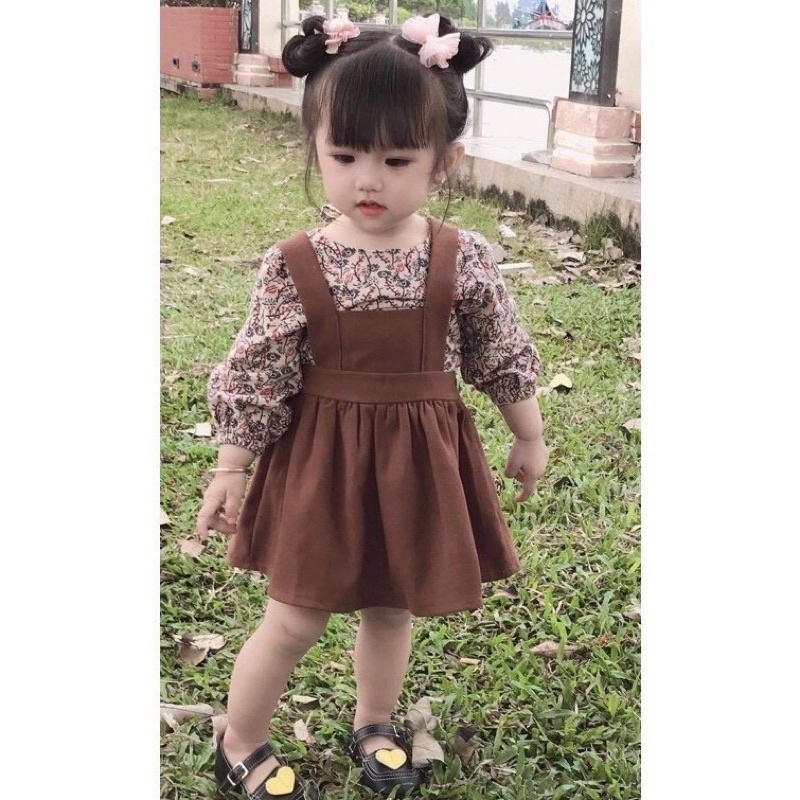 Váy bé gái Mykids set 2 chi tiết vintage yếm nâu kèm áo dài tay thu đông thiểt kế cho bé 0,1,2,3,4,5,6,7,8 tuổi