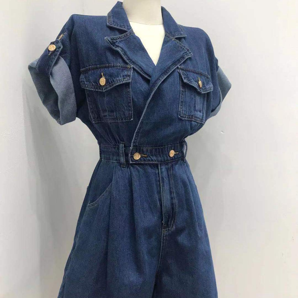Áo liền quần Denim Hở Lưng Dáng Rộng Phong Cách Hàn Quốc Mới 2021 Dành Cho Nữ