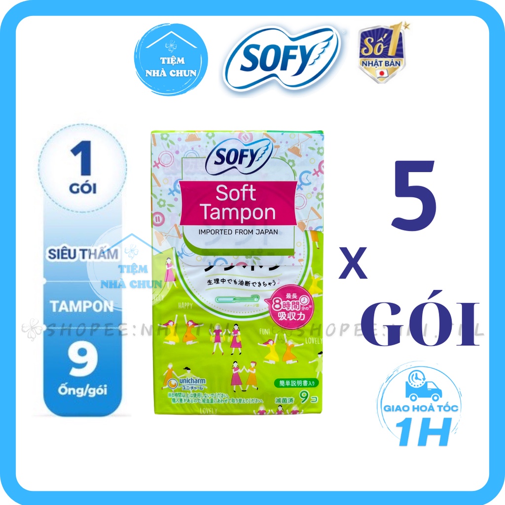 BỘ 5 GÓI Băng Vệ Sinh Sofy Soft Tampon Super Siêu Thấm Nhật Bản Gói 9 Ống