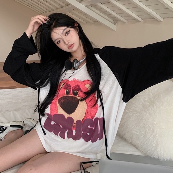 Áo Hoodie Tay Dài Chống Nắng Mỏng Dáng Rộng In Họa Tiết Hoạt Hình Phối Màu Cá Tính Thời Trang Hàn Quốc Cho Nữ