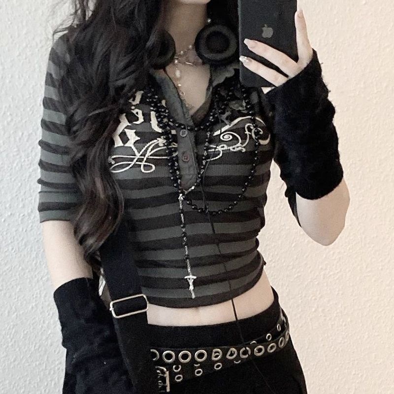Dark punk striped lapel Buckle Street hot girls mid-long sleeve T-shirt slim thread short slimming top summer qXco
