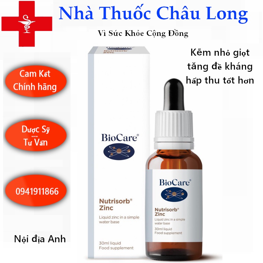 Kẽm nước BioCare Nutrisorb ZinC, Anh (30ml dạng giọt) tăng cường đề kháng cho trẻ sơ sinh từ 1 tháng tuổi