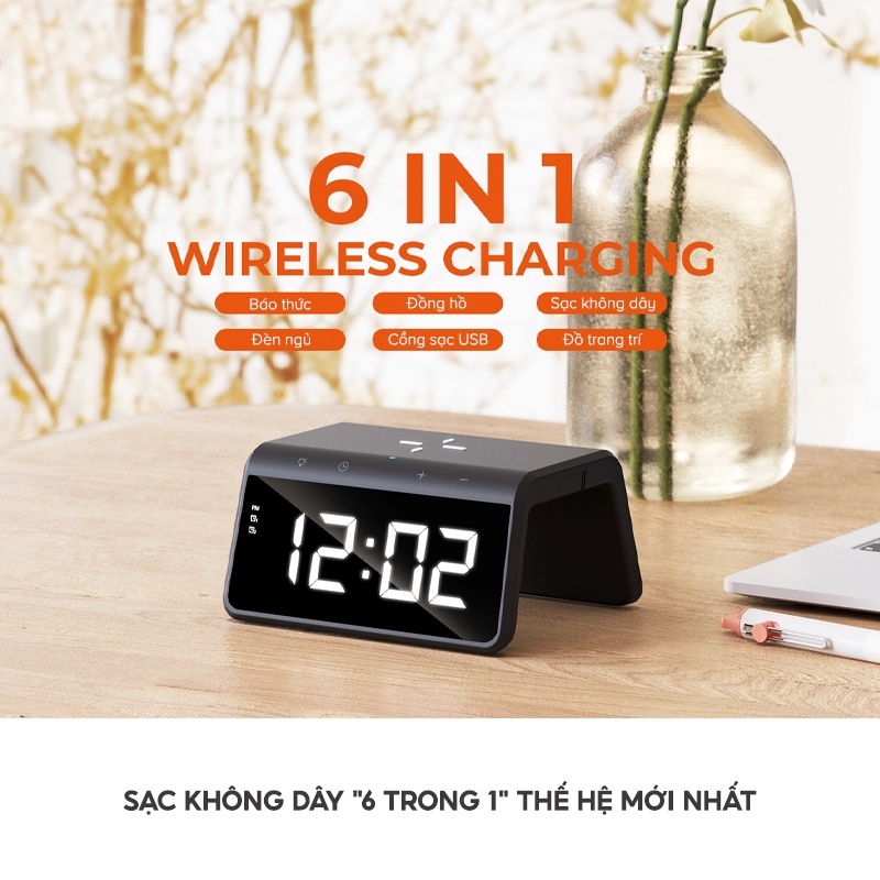 【Giao Hỏa Tốc】Sạc Không Dây 6 In 1 HAVIT W320, Sạc Nhanh 15W, Tích Hợp Báo Thức + Đèn Ngủ RGB Màu Sắc - Chính Hãng