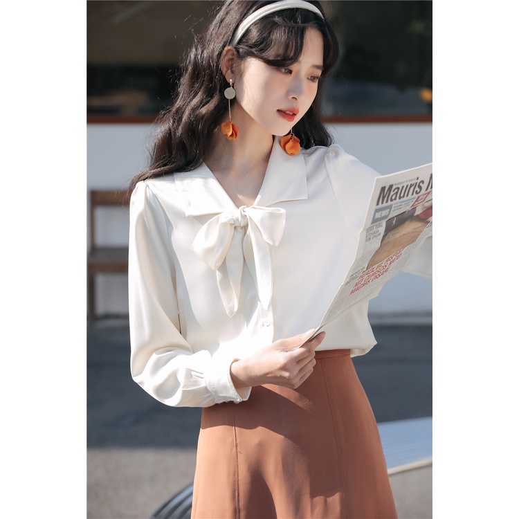 Áo cổ thắt nơ tay phồng màu trắng dài tay xinh xắn, thời trang công sở nữ AA581