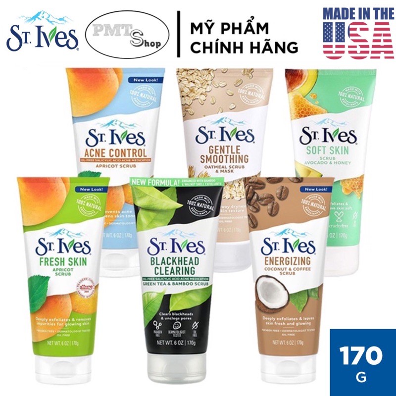 [USA] Sữa rửa mặt St.Ives 170g Trà xanh | Mơ | Lúa mạch | Cam chanh | Bơ Mật Ong | Cà phê &amp; Dừa sạch mụn - Mỹ