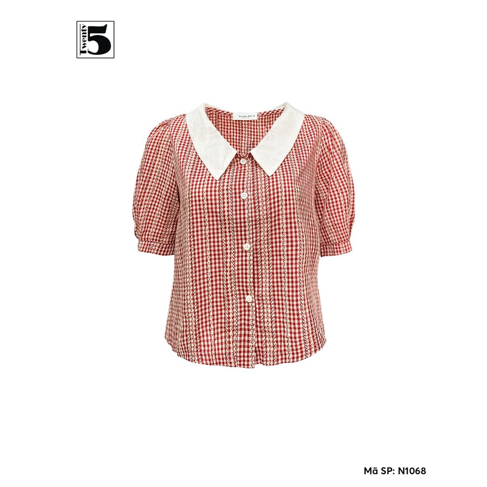 Áo sơ mi nữ công sở dáng lửng cổ sen tay bồng kẻ caro nhí Twentyfive N1068