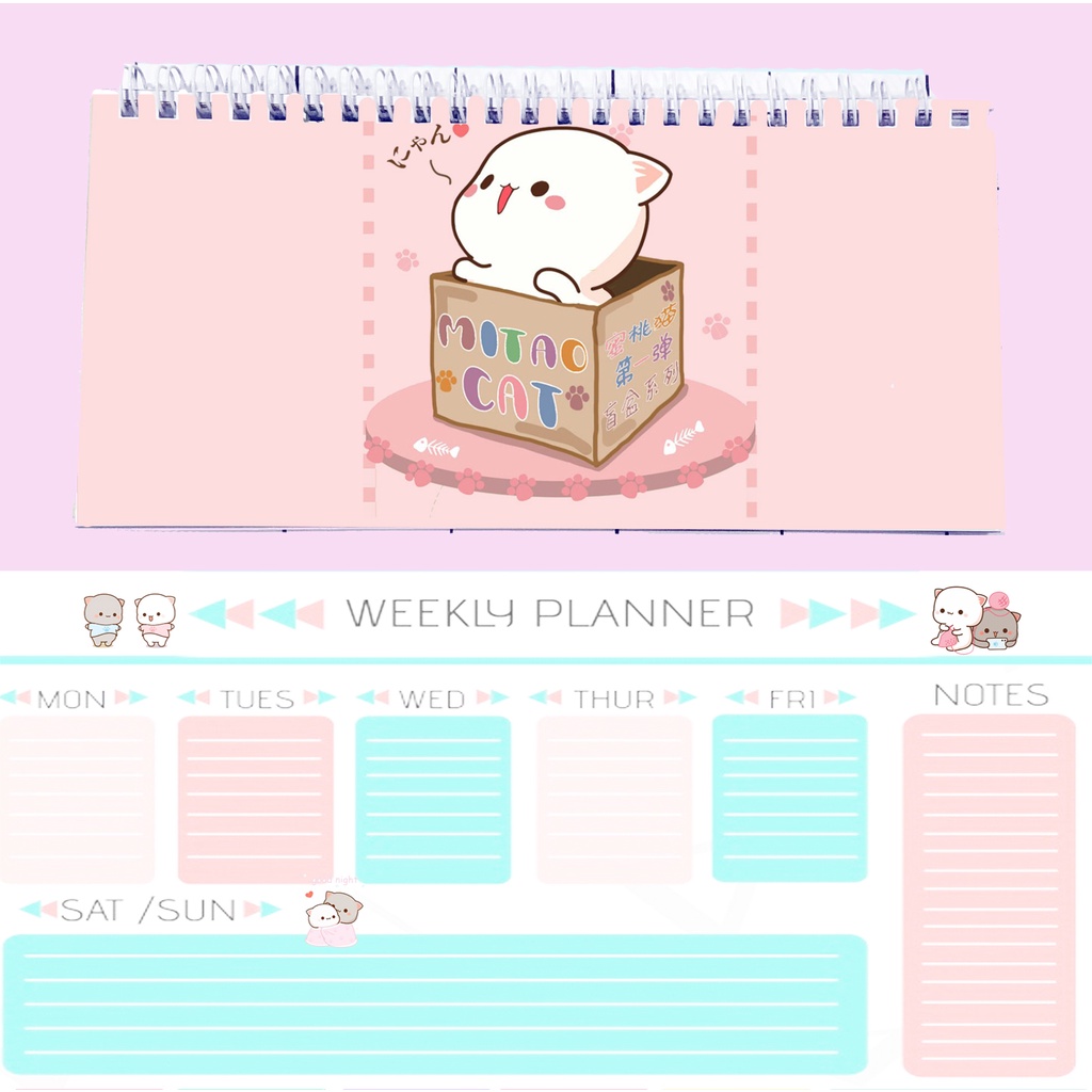 Sổ kế hoạch tuần mèo mitao WPI3a Weekly Planner 52 trang hoạt hình dễ thương