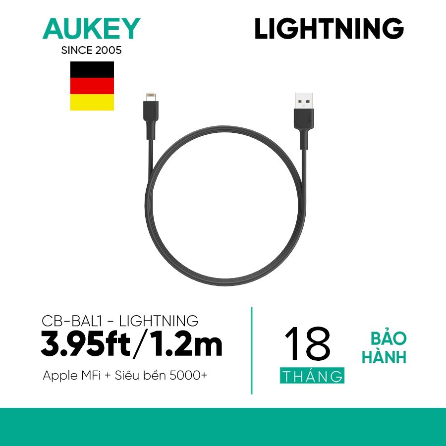 Cáp Lightning Aukey CB-BAL1 MFi Apple Nhựa Tổng Hợp Cao Cấp 1,2m - Hàng Chính Hãng