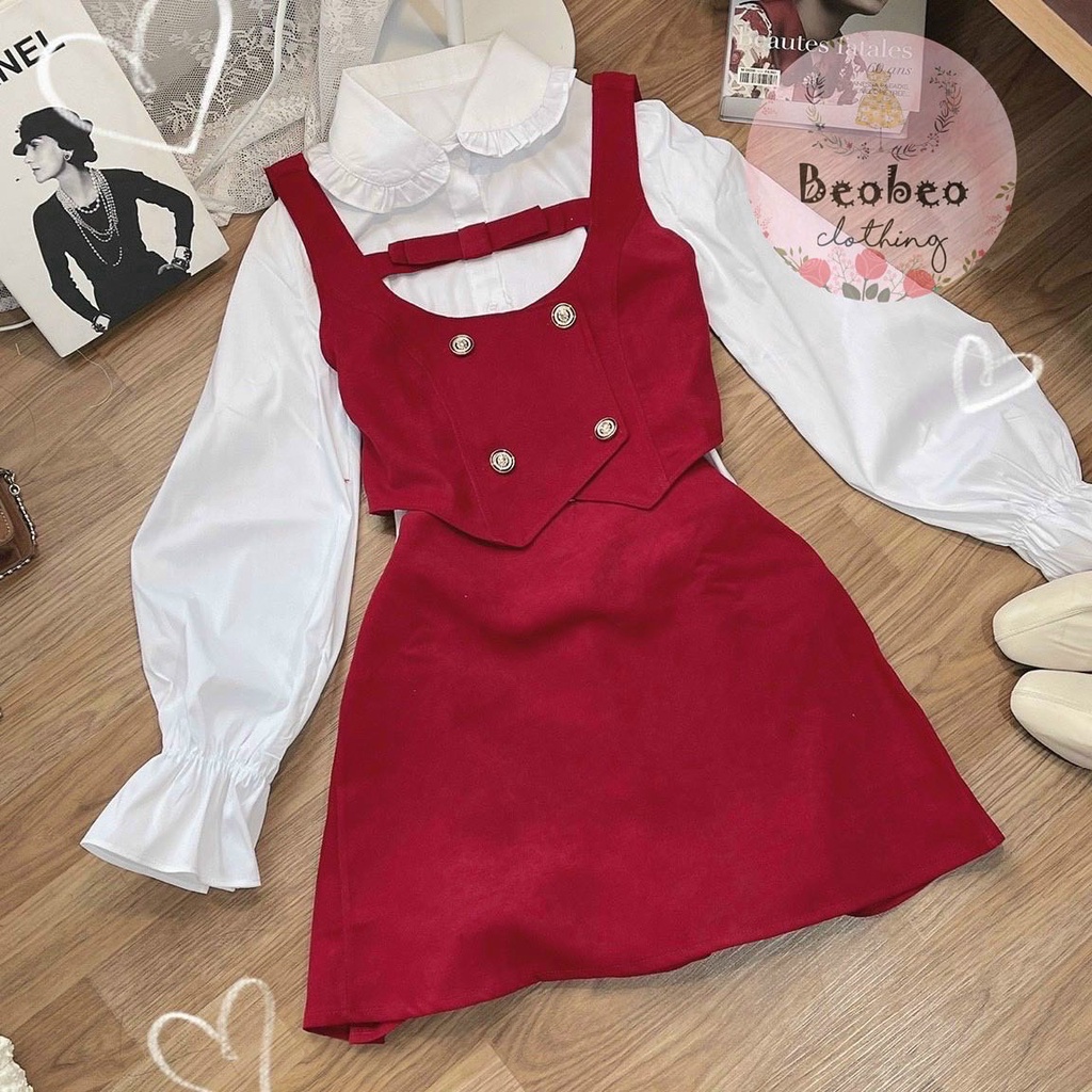 Set áo sơ mi tay phồng phối áo gile nút kèm chân váy chữ A