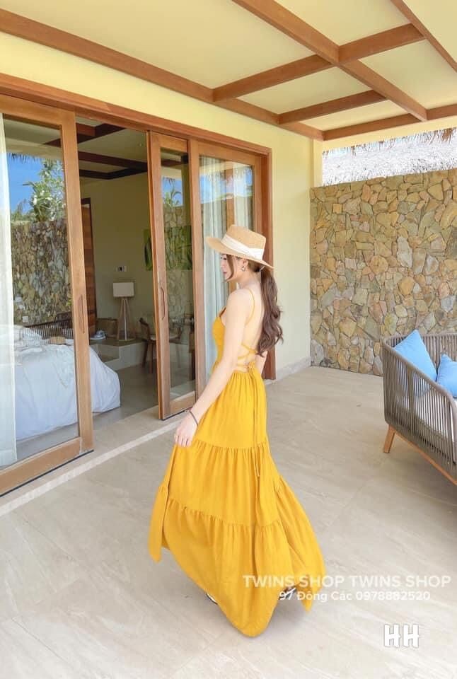 [Mã FAMAYWA2 giảm 10K đơn 50K] Váy maxi vàng 2 dây buộc đan lưng cá tính | BigBuy360 - bigbuy360.vn