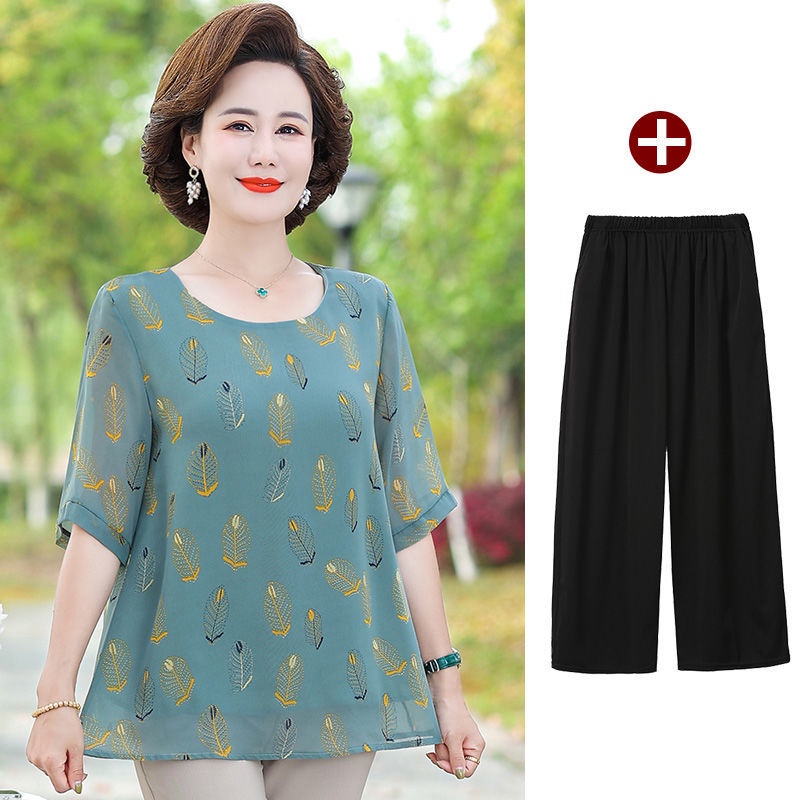 Váy mùa hè cho người cao tuổi nữ 40 50 áo sơ mi voan trung niên và già thun ngắn tay hai mảnh cỡ lớn phù hợp với mẹ