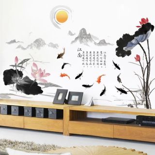 Decal dán tường sen cửu ngưu đá